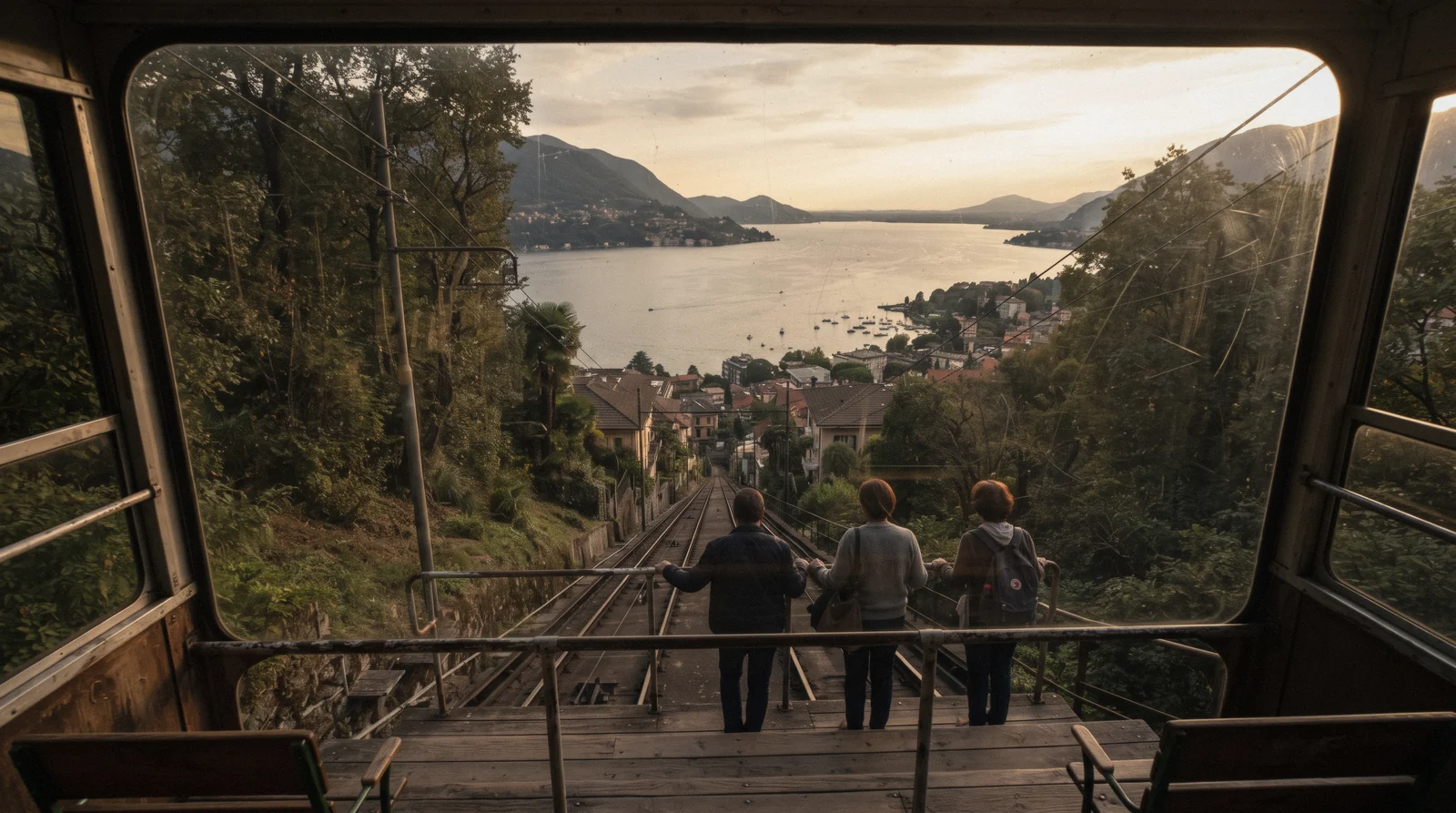 A red funicular carriage climbing the wooded slope above Como with the lake and the town below it, the funicolare Como Brunate on Lake Como