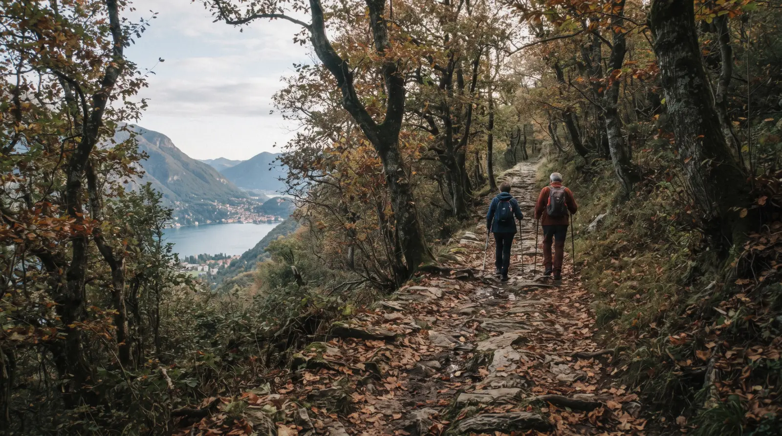 A stone mule track climbing through terraced olives above the water, the everyday shape of Lake Como hiking