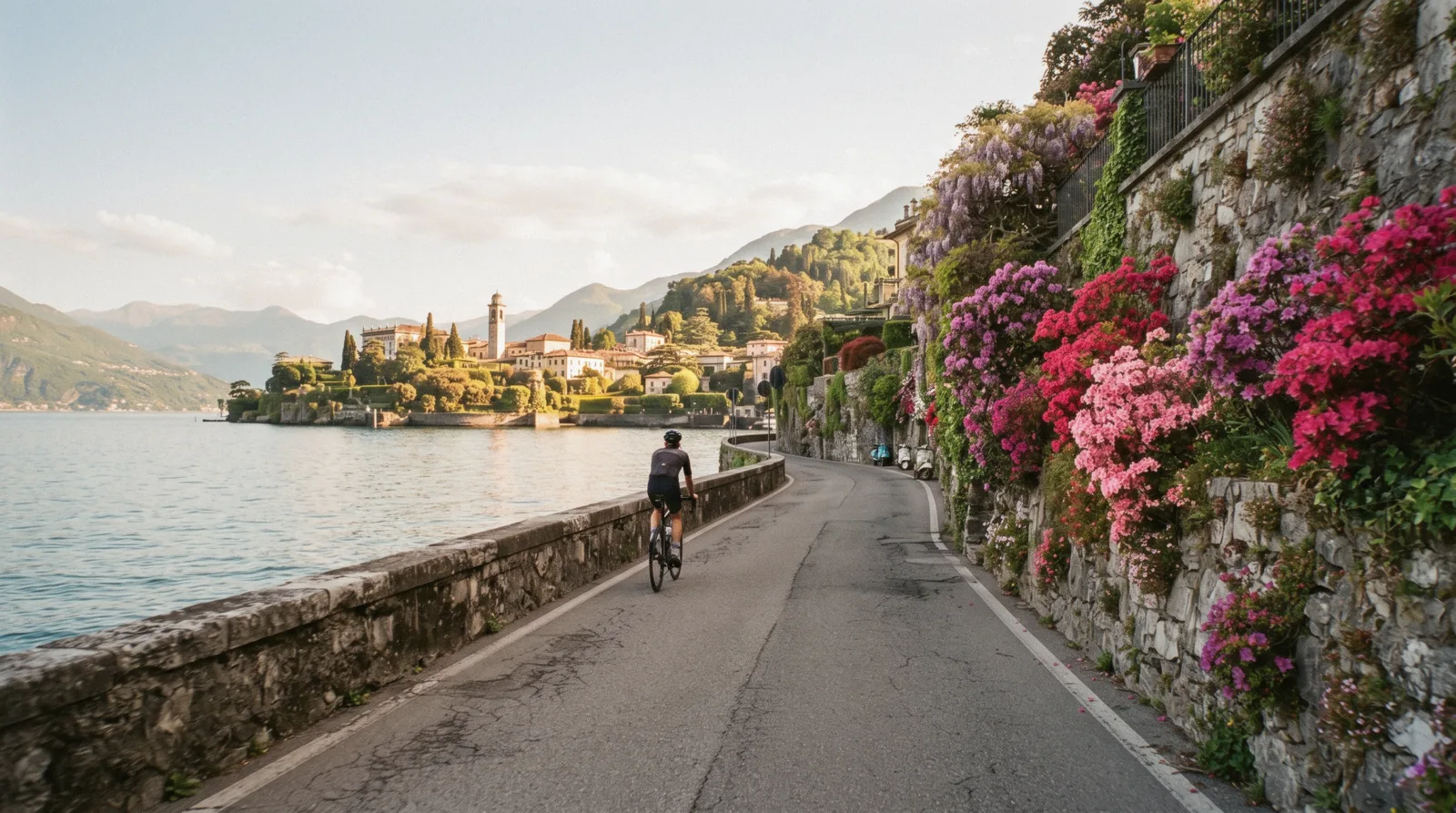 The lakeside road at Tremezzo with azaleas in flower above the parapet, Lake Como