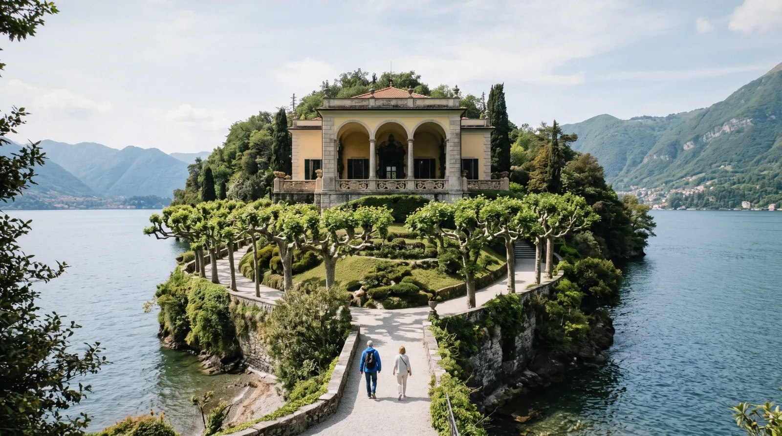 The stone loggia and clipped plane trees on the point of the Dosso di Lavedo peninsula at Villa del Balbianello, Lake Como