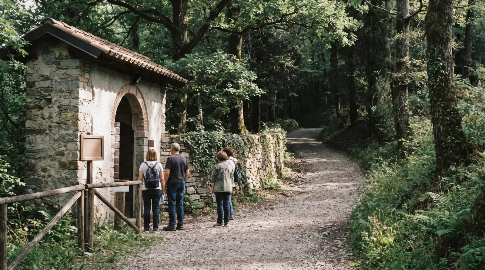 Visitors on the gravel path below the arched loggia on the Lavedo point, holding Villa Balbianello tickets on Lake Como